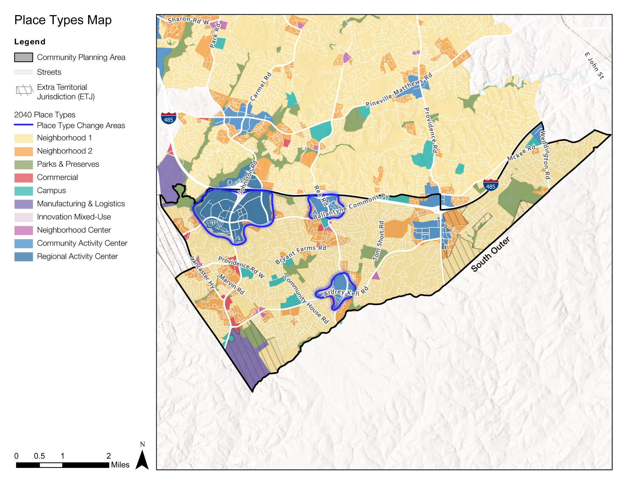 A colorful map illustrating different place types in a community planning area, including neighborhoods, parks, and activity centers, with various areas shaded to indicate specific land uses.