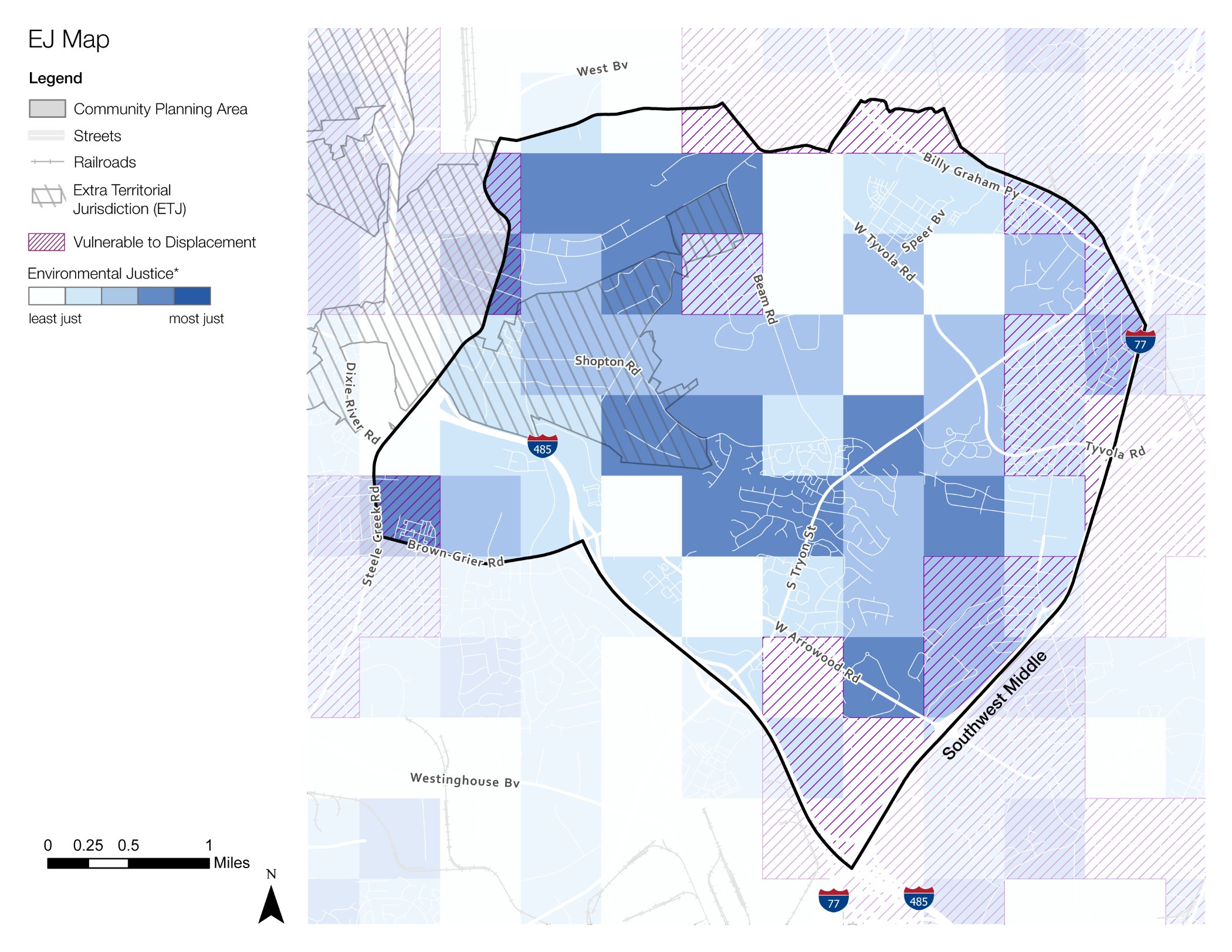 A map illustrating Environmental Justice (EJ) zones. The map features color-coded areas indicating community planning regions, streets, railroads, and zones vulnerable to displacement. A legend is provided for clarity.