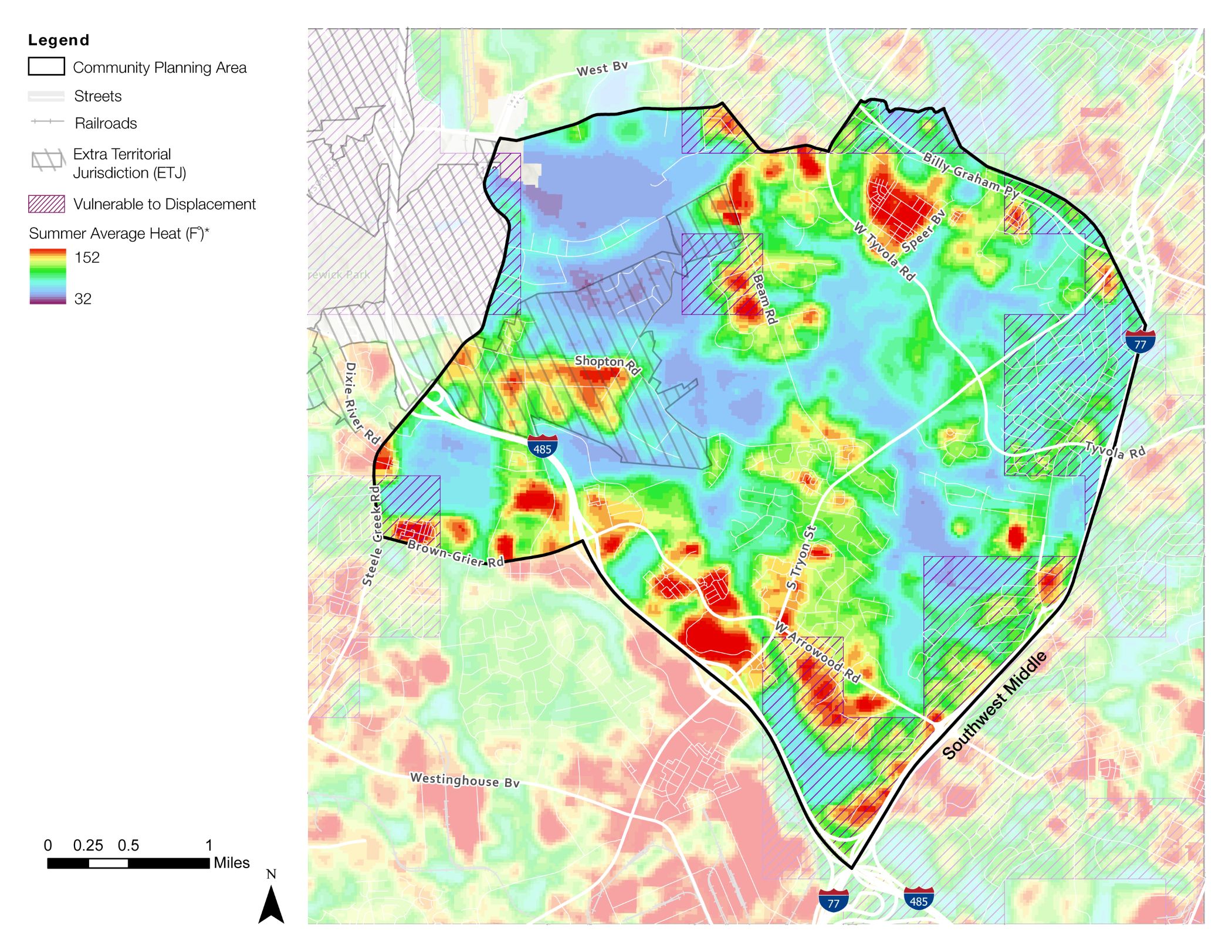 A heat map showing summer average heat levels across a community planning area, with varying colors indicating different temperatures. Roads and jurisdiction borders are marked, along with a scale for distance.