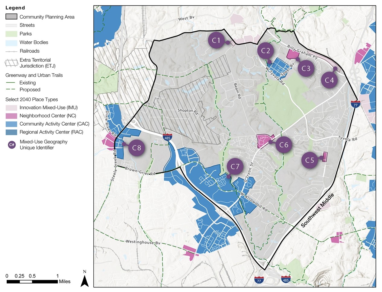 A detailed map showing a community planning area with designated zones for various purposes, including parks, water bodies, and streets. Key urban design elements are marked with labels (C1 to C8) and color-coded indicators.