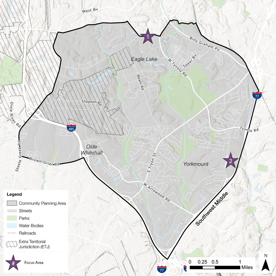 A detailed map showing a community planning area, including features like streets, parks, water bodies, railroads, and the focus area marked by stars. The layout includes areas labeled: Eagle Lake, Olde Whitehall, and Yorkmount.