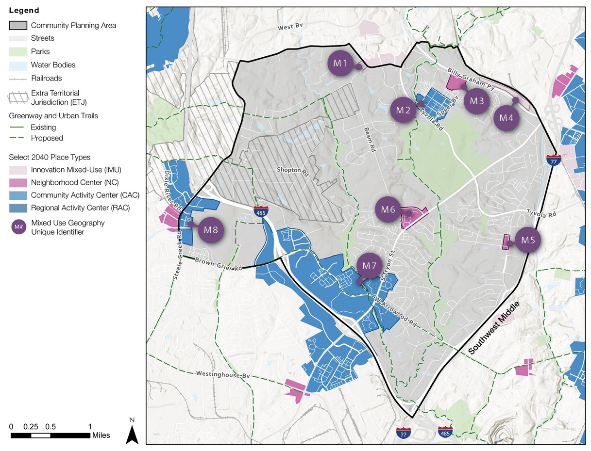 A detailed map highlighting a community planning area, showing streets, water bodies, parks, and various designated place types indicated by numbered markers. The area is outlined with a boundary line.