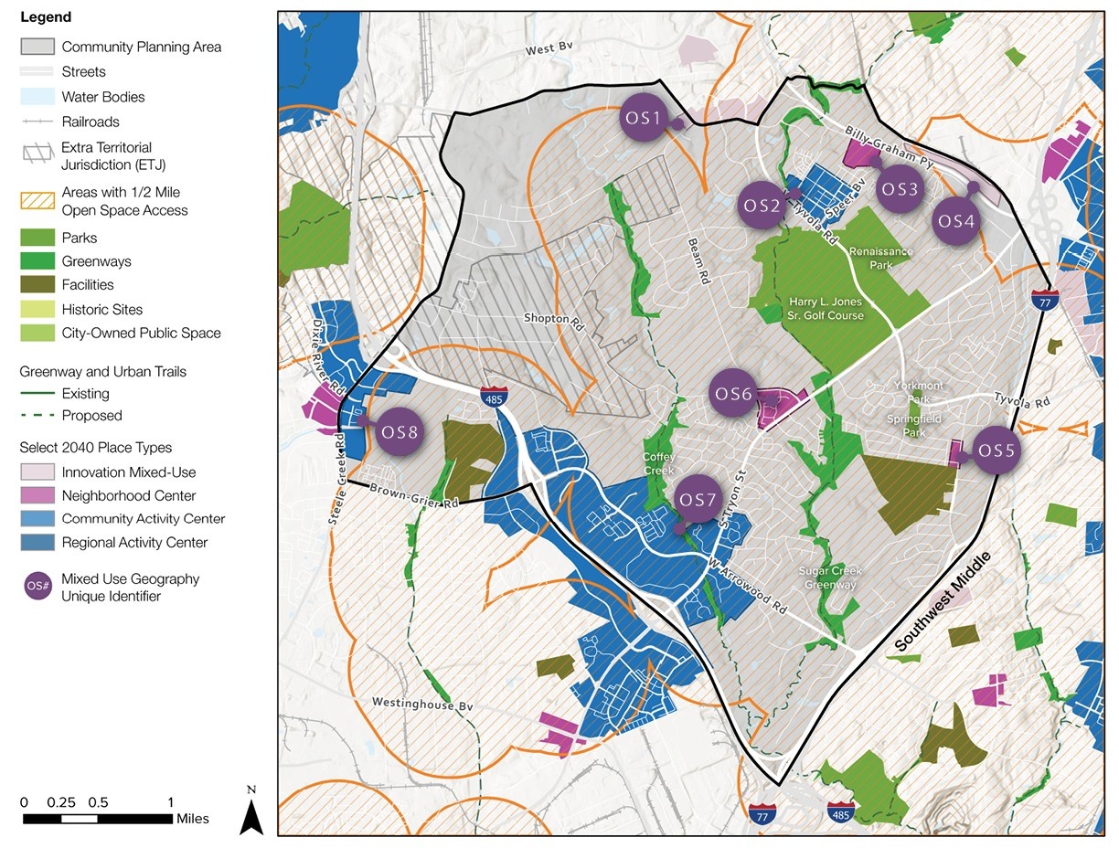 A color-coded map showing a community planning area with various features such as parks, trails, and existing public spaces. The legend indicates different place types and areas for open space access.