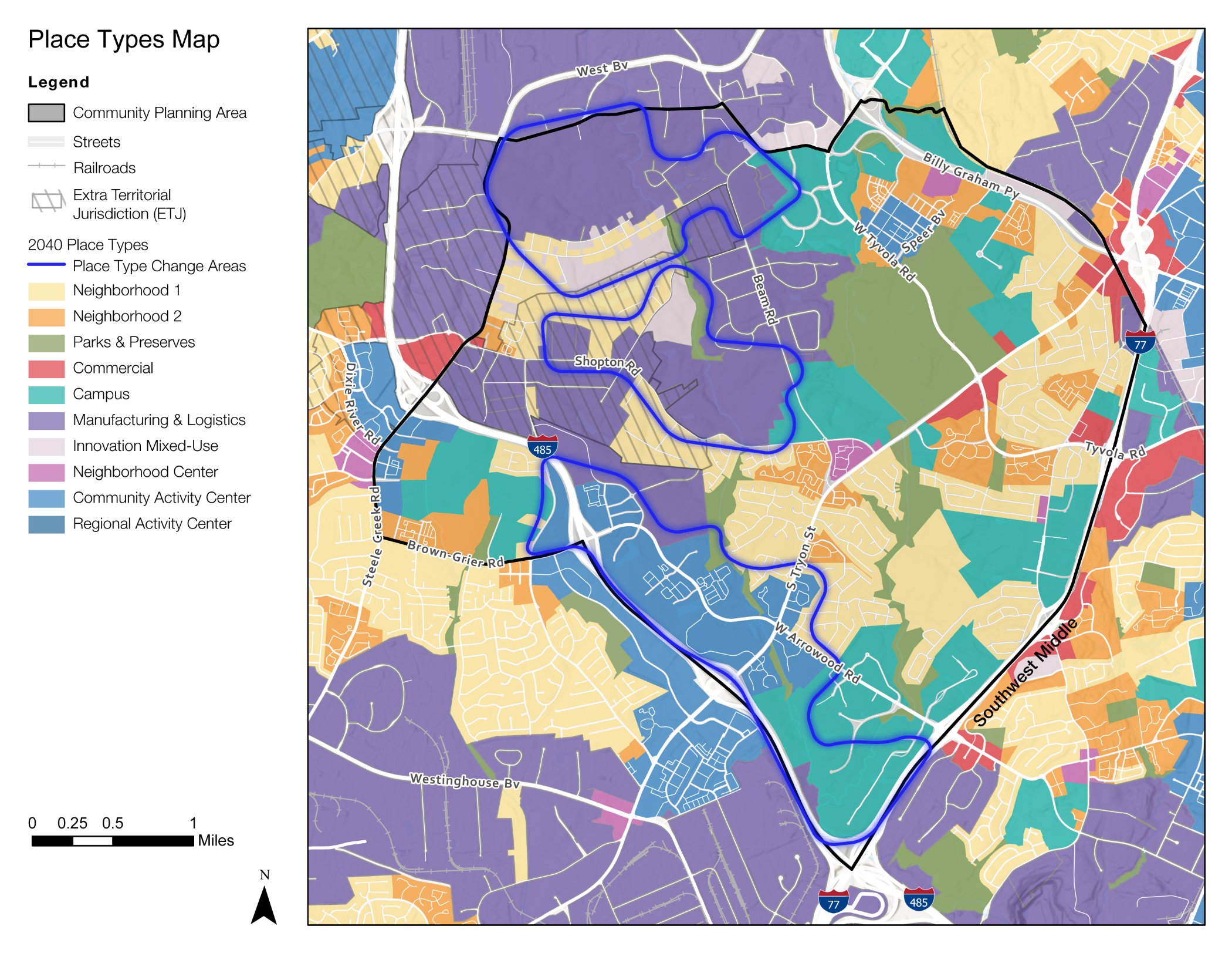 A color-coded map showing various community place types, including parks, residential areas, and commercial zones. Roads and boundaries are outlined, with a legend detailing the different types and planning areas.