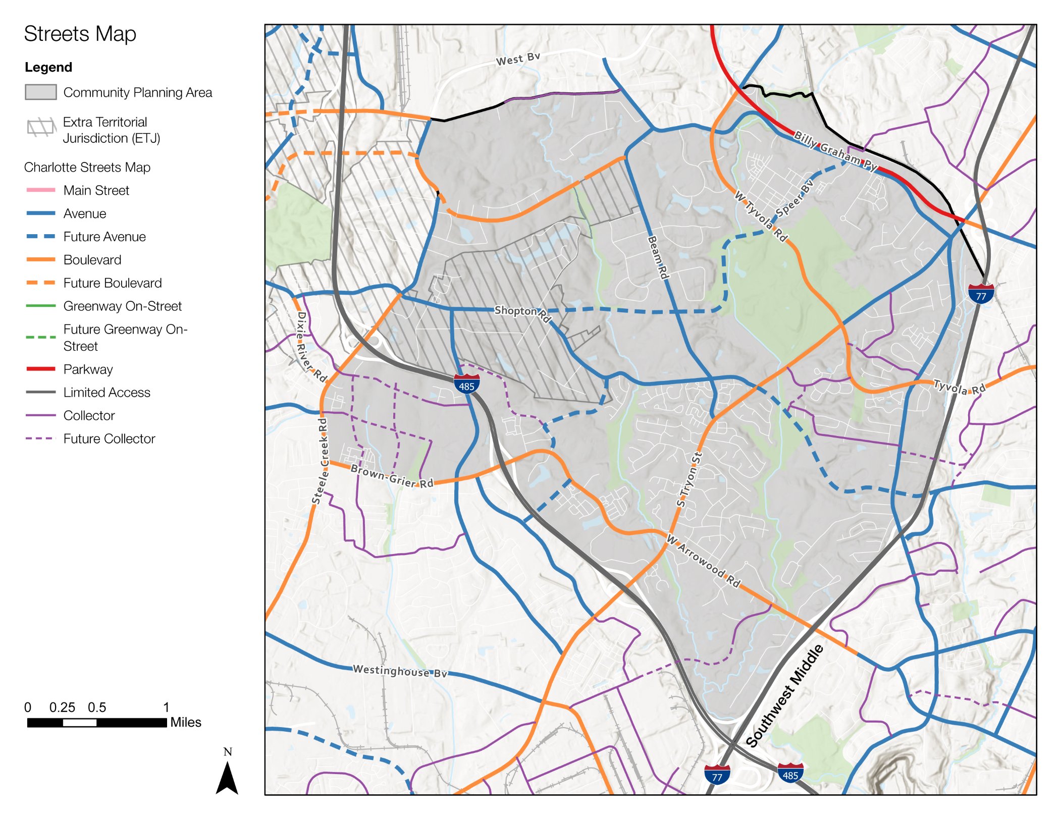A streets map of Charlotte showing various routes and planning areas. Features include Main Street, Future Avenue, and different types of access like collectors and future collectors, with a scale indicator on the bottom left.