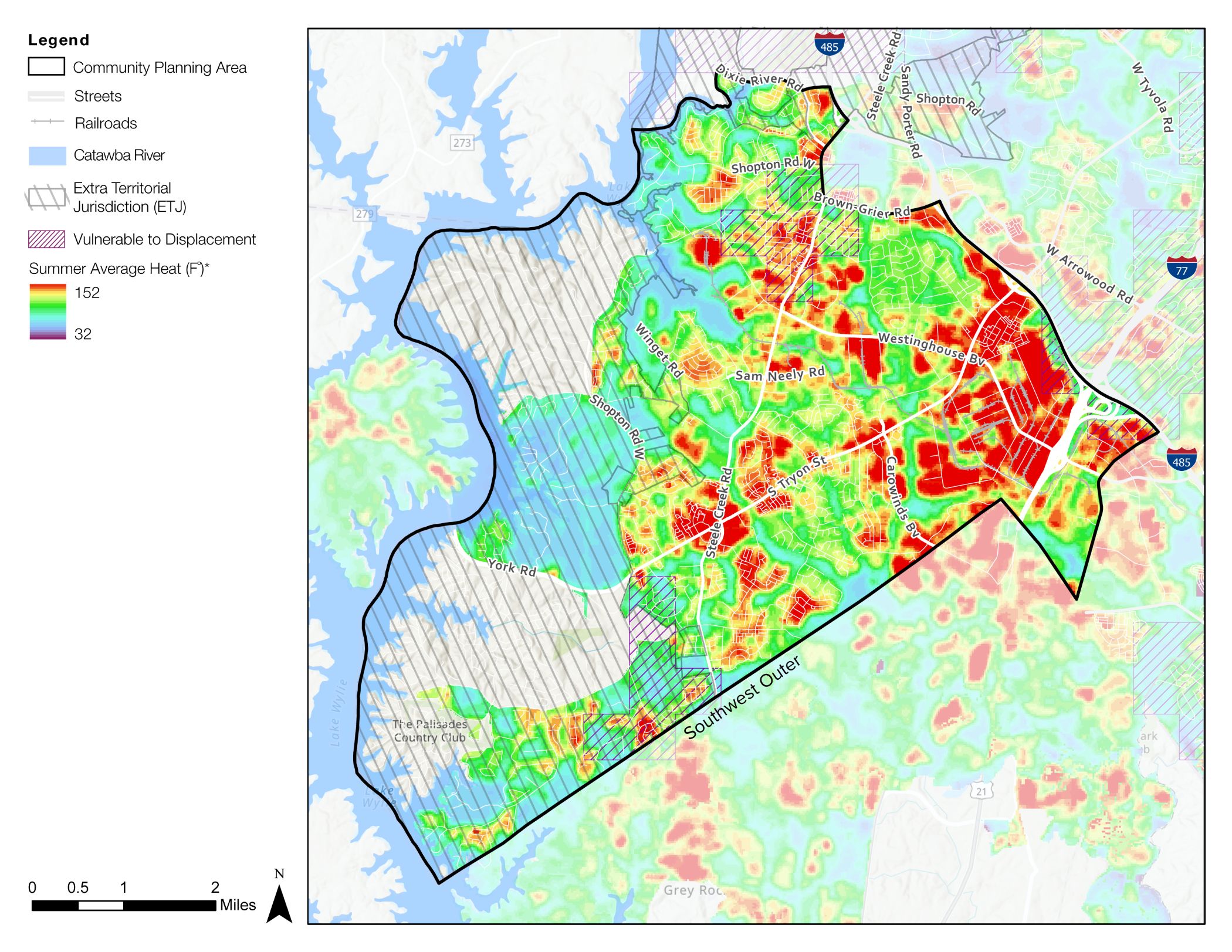 A color-coded map showing the summer average heat distribution across a community planning area. Areas are marked in shades ranging from green to red, indicating varying heat levels. Major streets and the Calvado River are visible.