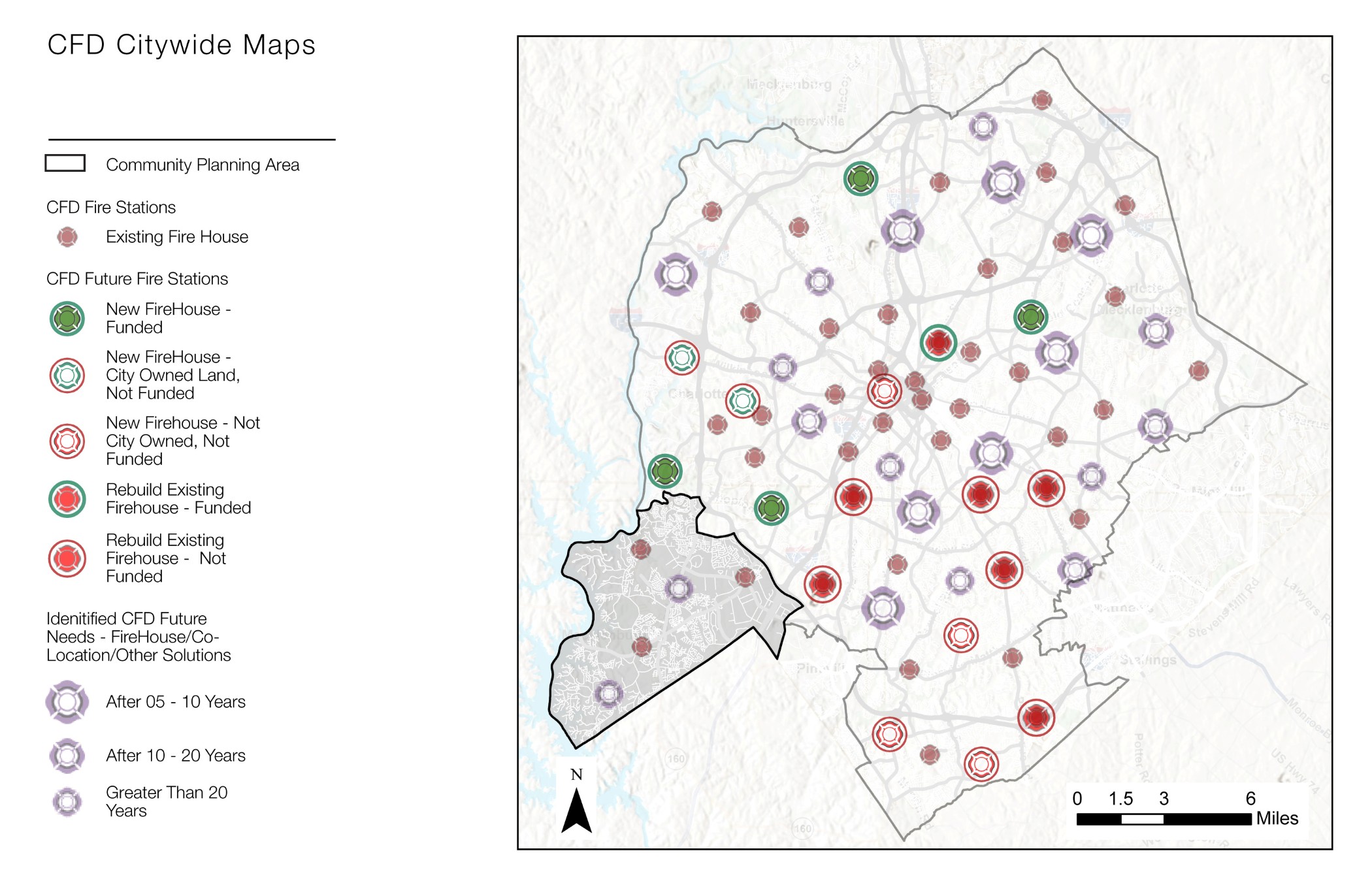 A citywide map showing the locations of existing and planned fire stations. Various markers indicate the status of fire station projects, categorized by funding and timeline for each proposal.