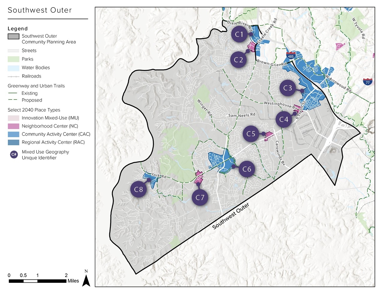 A map titled "Southwest Outer" displaying community planning areas, parks, water bodies, and trails. Purple circles mark various locations labeled C1 to C8, with a legend explaining the symbols.