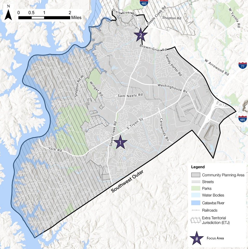 Map showing the Southwest Outer community planning area with outlines for streets, parks, and water bodies. Includes marked focus areas and nearby Catawba River, with a scale and legend in the upper left.