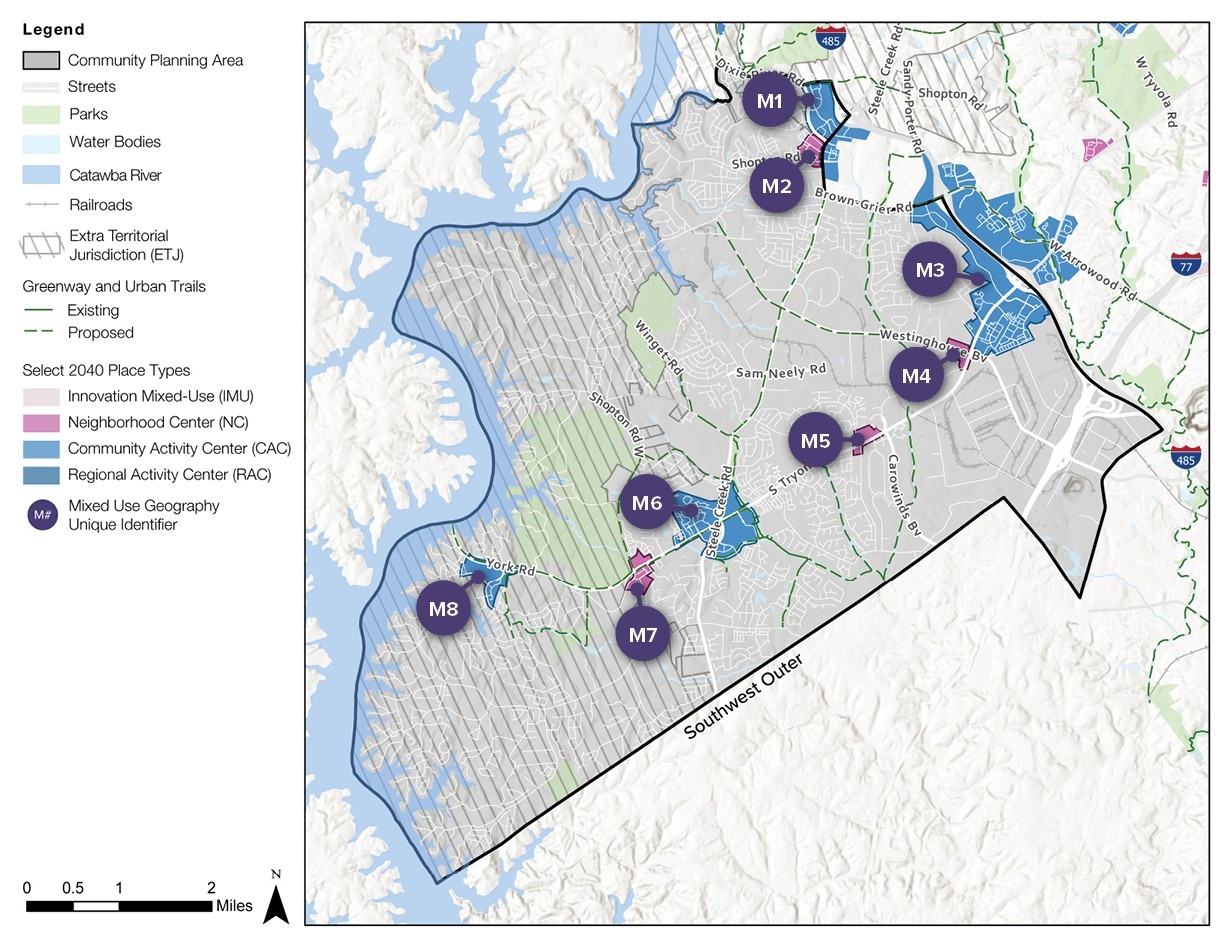 A map showing a community planning area with designated zones labeled M1 to M8. Key features include streets, parks, water bodies, and railroads, along with a legend indicating place types and planning details.