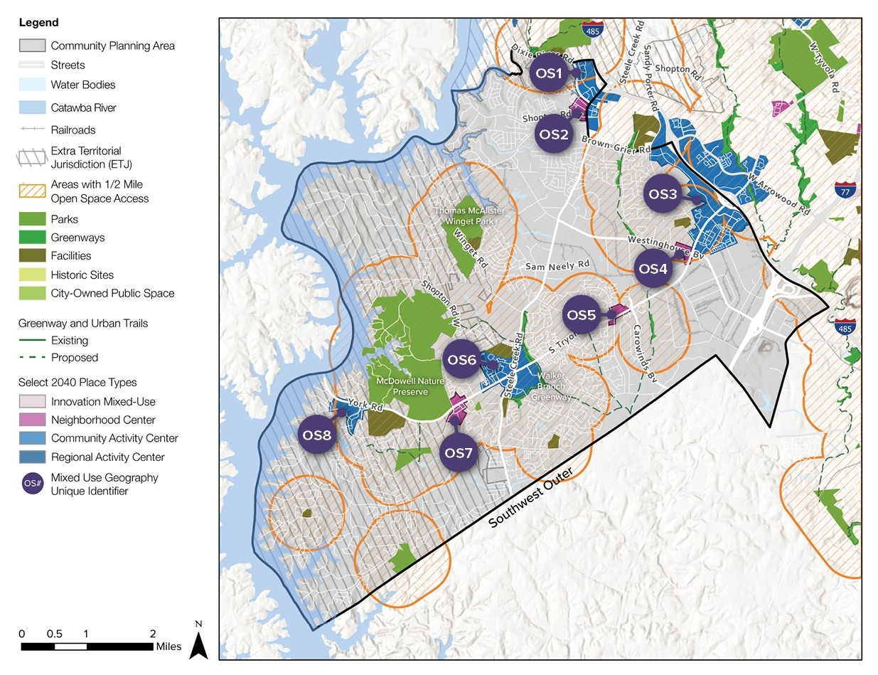 A detailed map showcasing a community planning area with labeled zones (OS1 to OS8) and various features like streets, water bodies, parks, and proposed locations for community facilities.