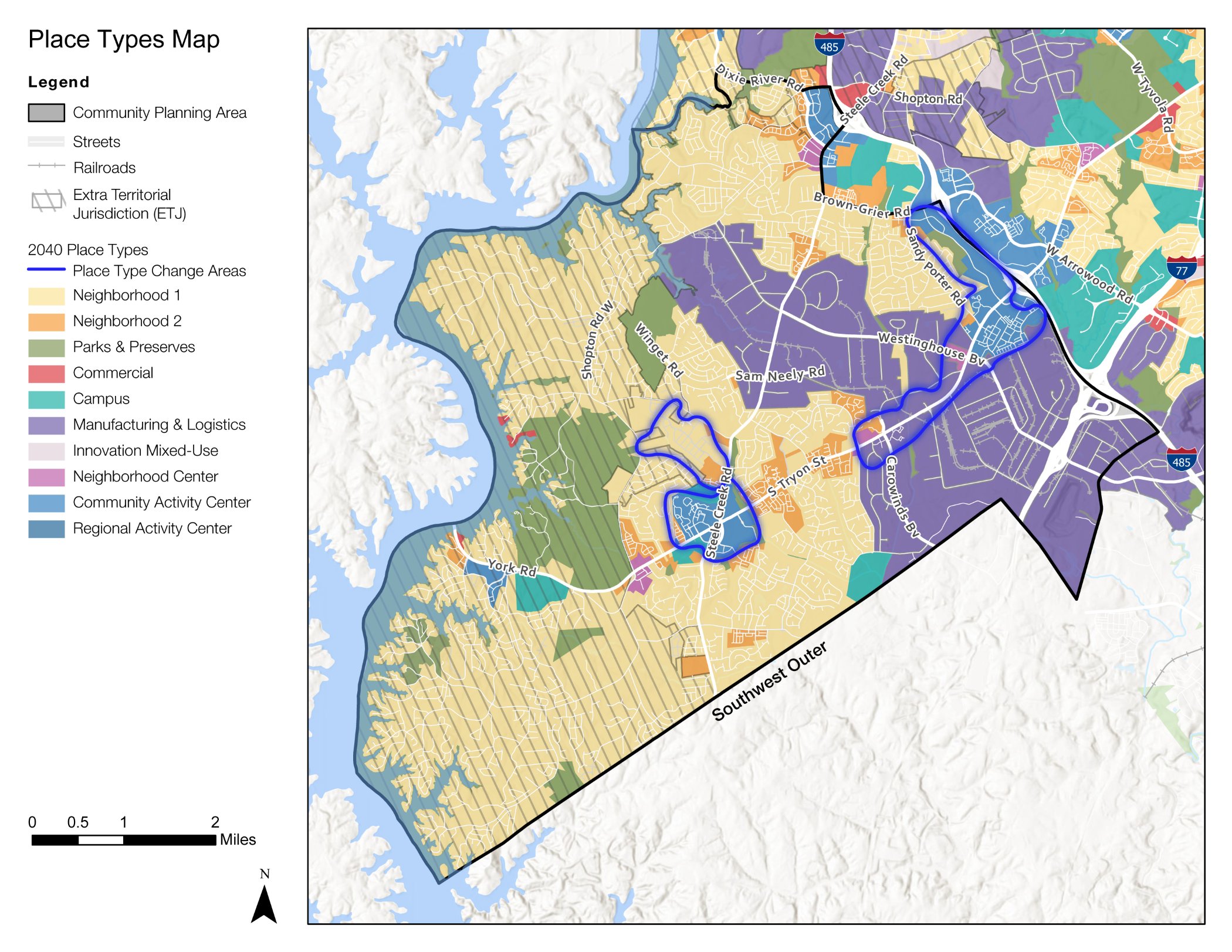 A color-coded place types map showing various zones such as community planning areas, neighborhoods, parks, commercial areas, and transportation routes in a geographical region. The map features multiple key legends and indicates streets and railroads.