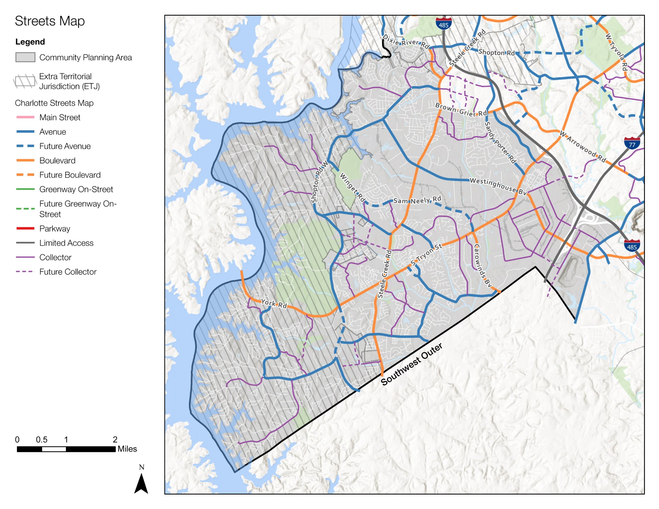 A streets map of the Charlotte area, showing various roads and planning district boundaries. Includes a legend for different types of roads, and highlights areas such as Community Planning Area and Extra Territorial Jurisdiction.