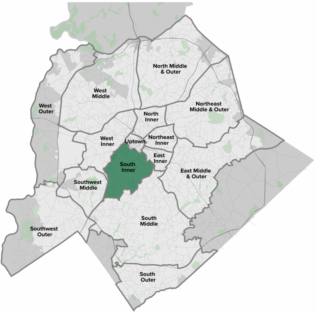 A map of a city showing various districts, with the South Inner district highlighted in dark green. The surrounding areas are outlined in gray, indicating different neighborhoods and regions.