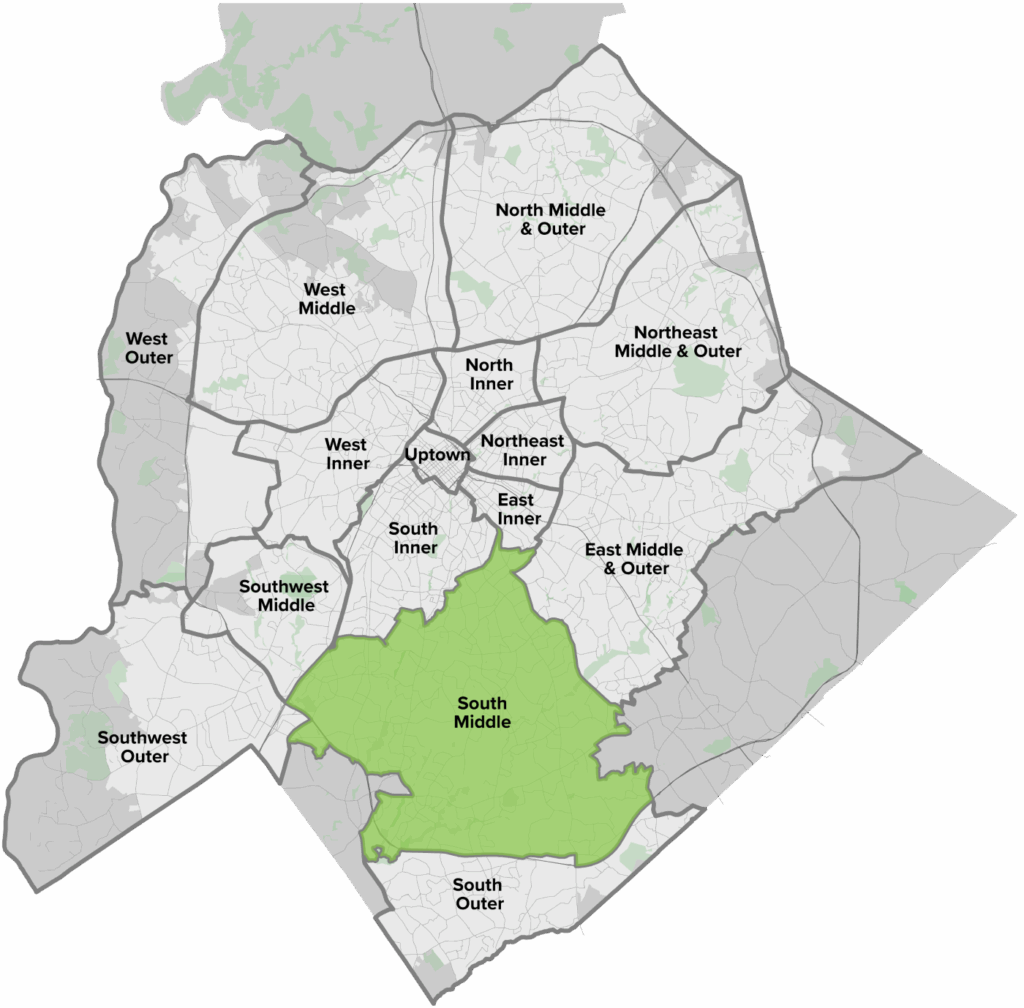 A map showing various districts, with the South Middle area highlighted in green. The map features outline of neighborhoods like Uptown, South Inner, and others, depicted in shades of gray and green.
