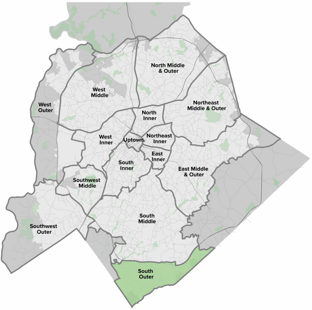 A detailed map showing various neighborhoods in a city, labeled with names such as Uptown, Northeast Inner, South Outer, and others. The map features green areas indicating parks or green spaces alongside shaded regions representing different neighborhoods.