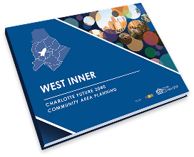 A blue cover of a report titled 'West Inner - Charlotte Future 2040 Community Area Planning,' with a map outline and abstract design elements. The cover has a modern layout and includes colorful images in the background.