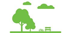A minimalist illustration depicting two green trees, a bicycle, and a park bench on a grassy field, with clouds in the background.