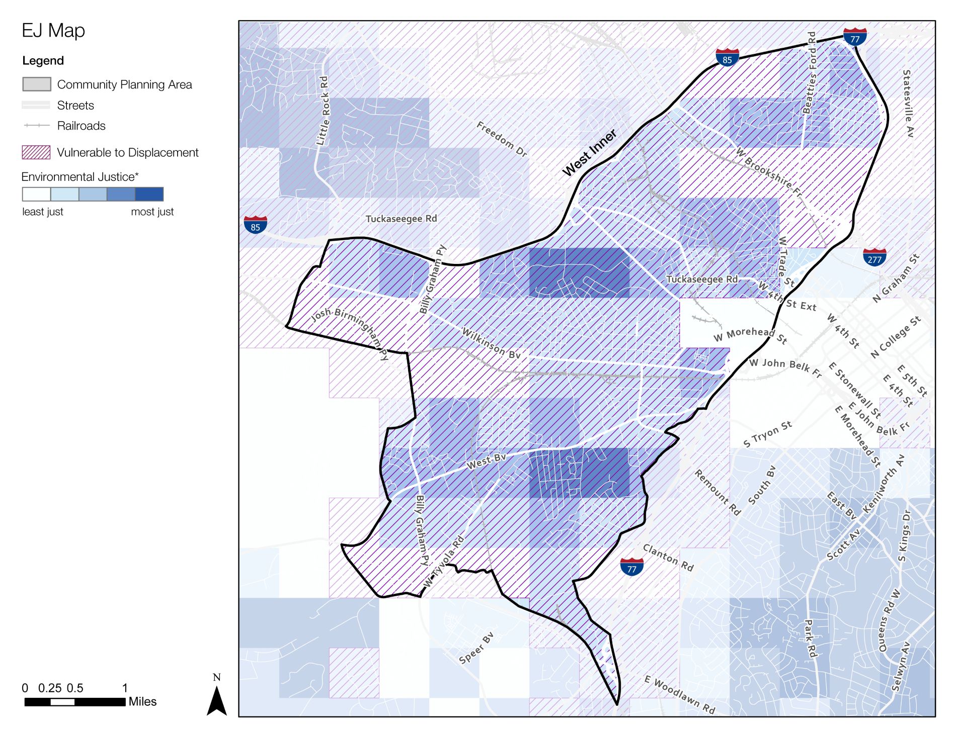A detailed environmental justice map highlighting community planning areas, streets, railroads, and regions vulnerable to displacement. The map is shaded in varying hues of blue and marked with a north arrow and scale.