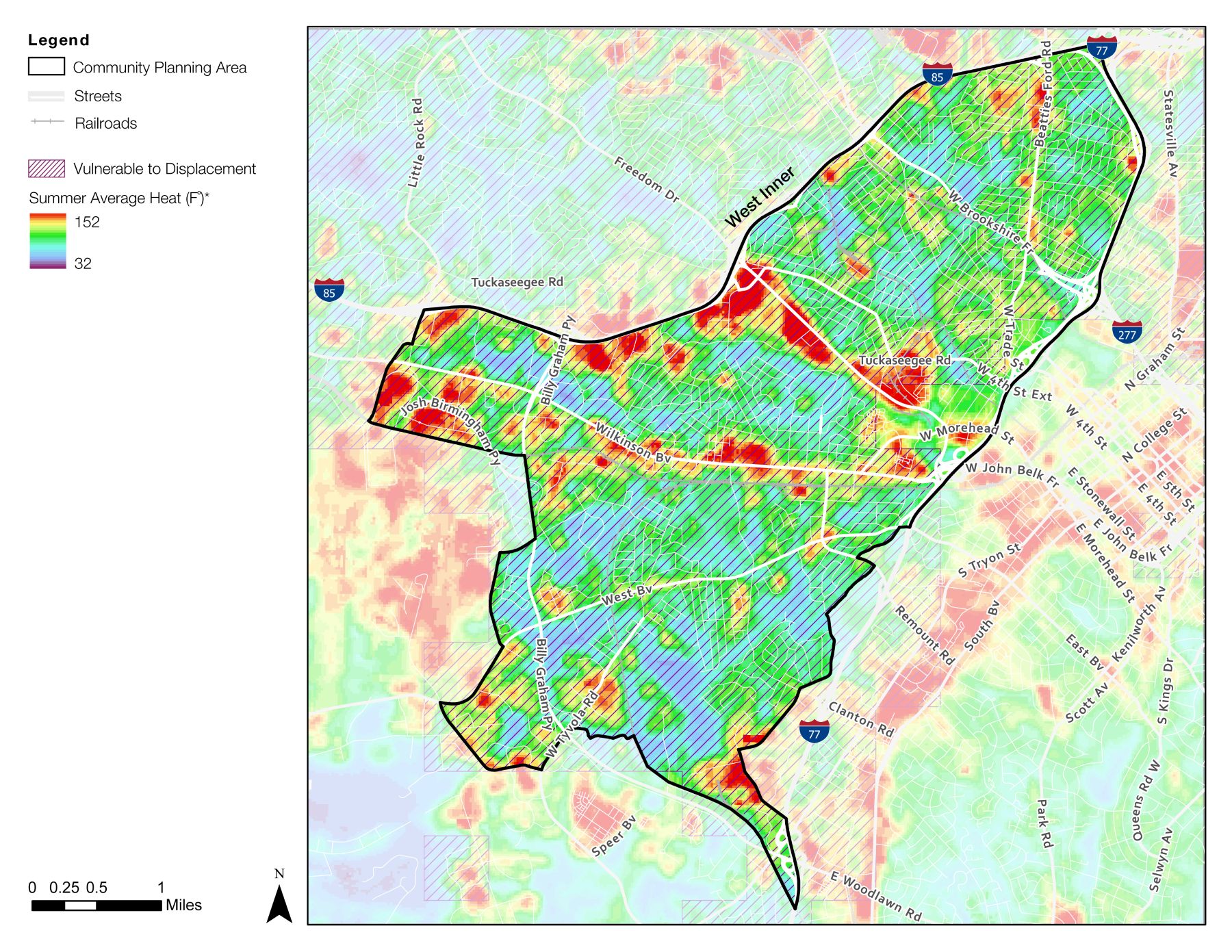 A color-coded map illustrating community planning areas, streets, railroads, and zones vulnerable to displacement. Areas are graded by summer average heat, showing various temperature ranges in a geographic region.