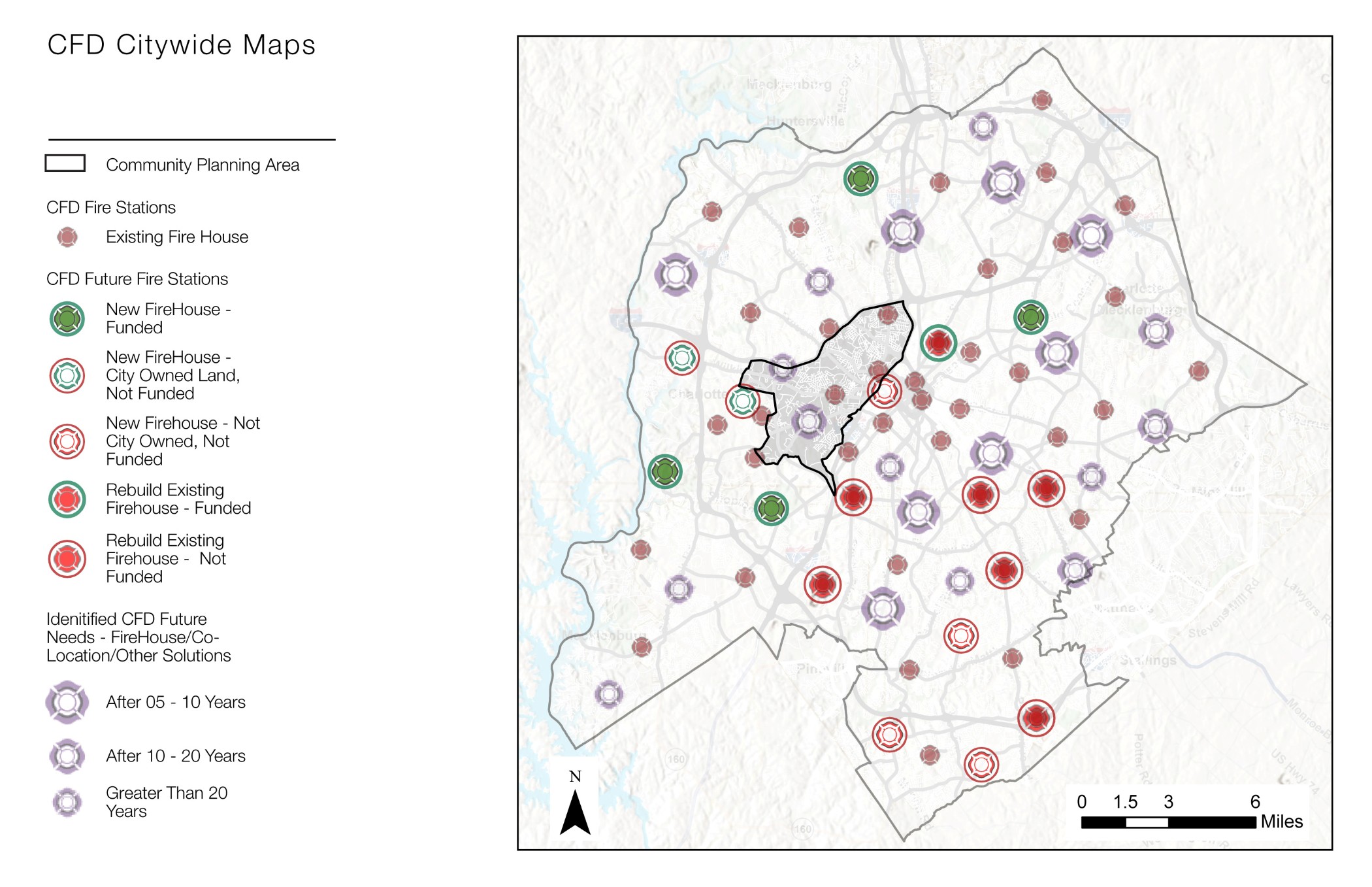 A city map showing the locations of existing fire stations, planned future firehouses, and their funding status. Different colored icons represent various categories, including funded and unfunded projects.