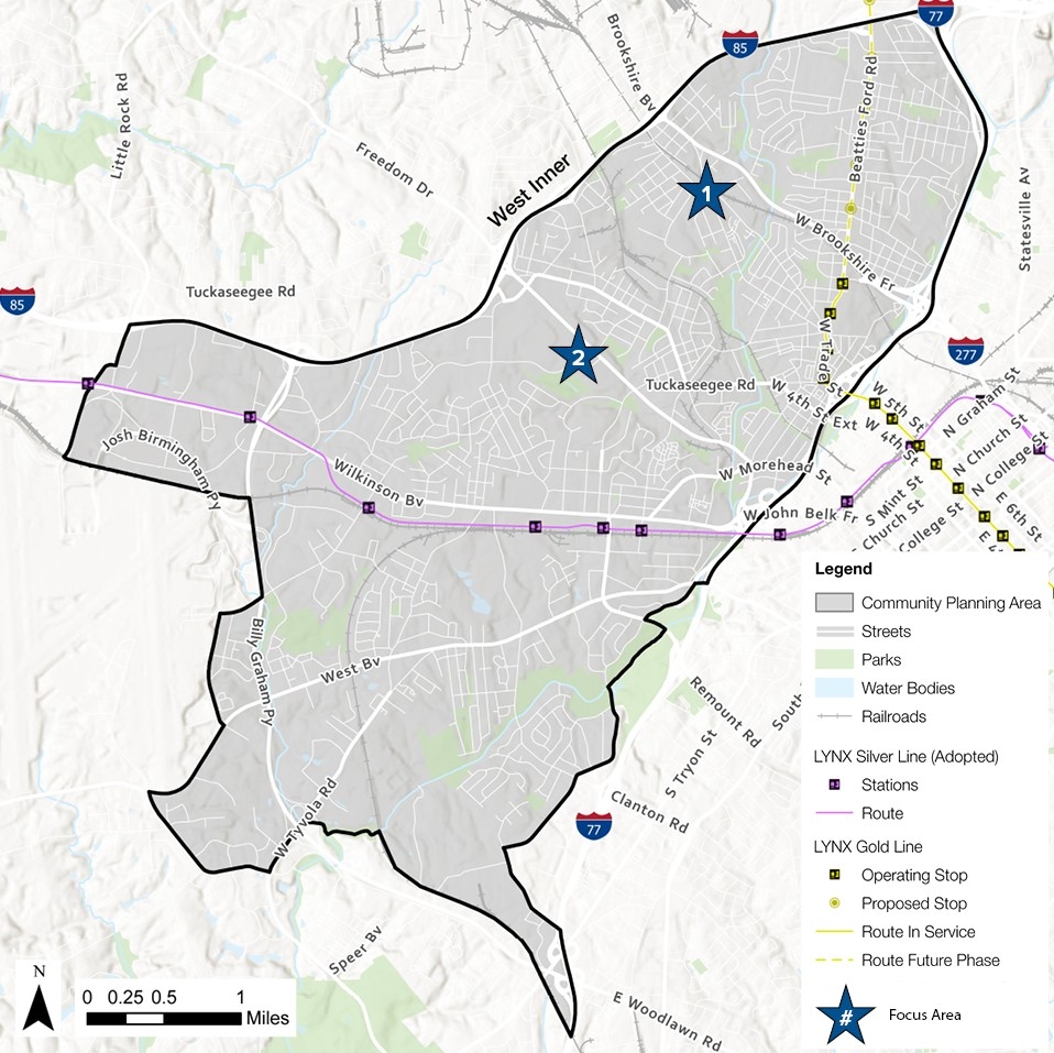A map showing the community planning area with highlighted streets, parks, and water bodies. LYNK Silver Line and Gold Line routes are indicated, along with operating and proposed stops, in a grey and white color scheme.