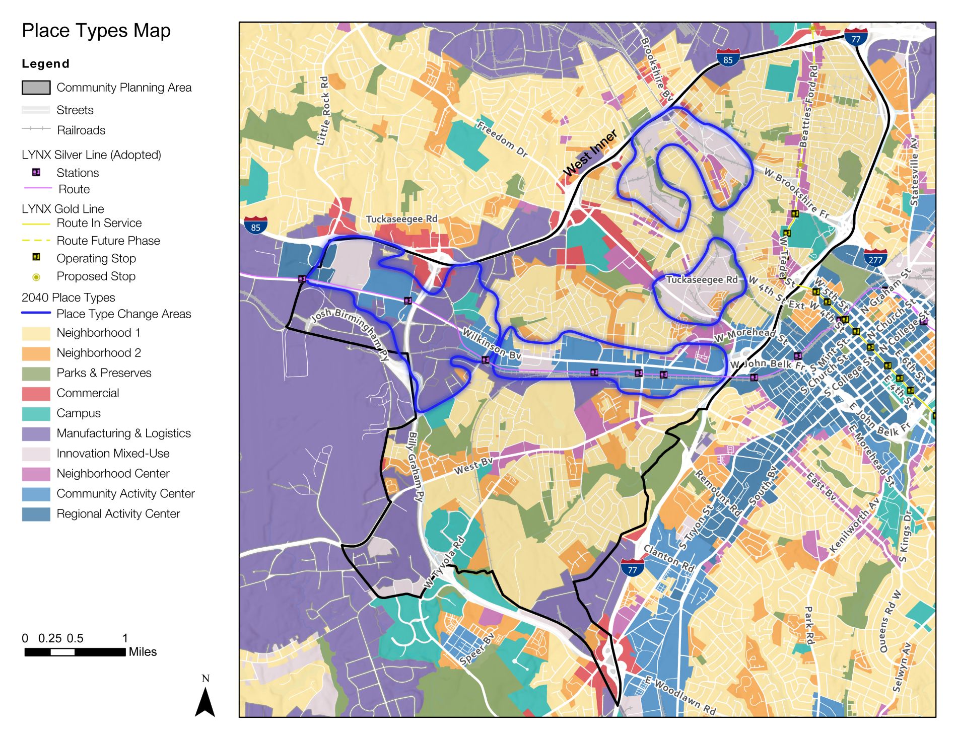 A color-coded map showing community planning areas, streets, railroads, and various place types. It includes routes for the LYNK Silver Line, locations of stations, and other key features within a defined area.