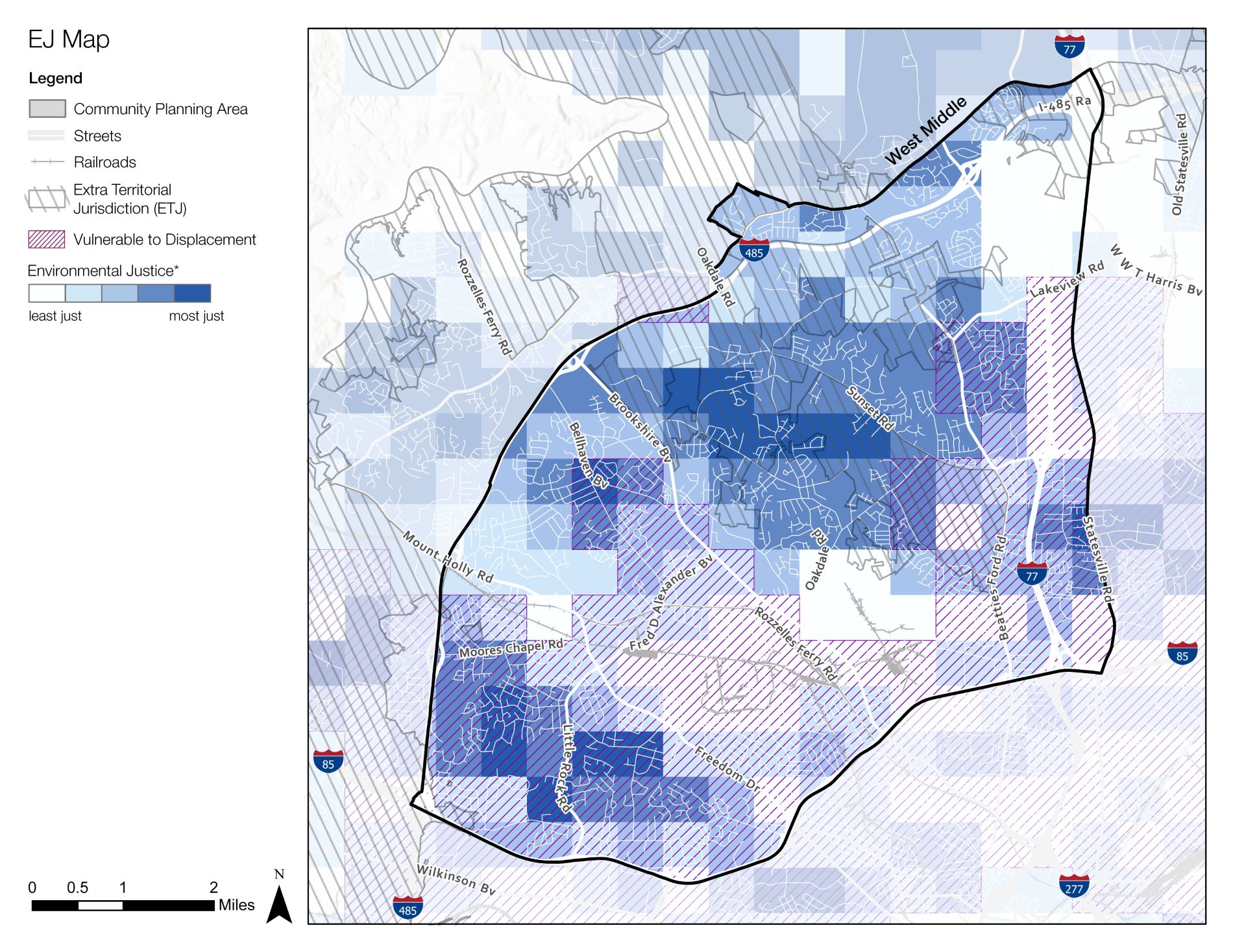 A map indicating environmental justice areas, showing various shades of blue to represent community planning regions, transportation routes, and areas vulnerable to displacement. The surrounding border outlines the study area.