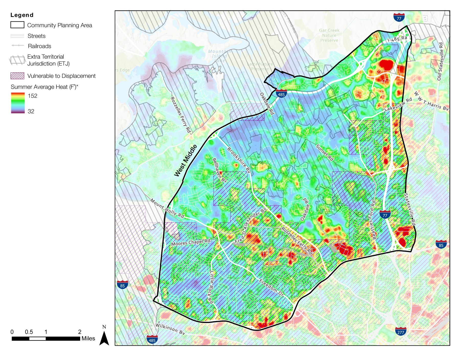 A colored map showing a community planning area, with areas marked for summer average heat, vulnerability to displacement, and various streets and borders. Key features include heat zones depicted in a gradient from blue to red, and a scale at the bottom.