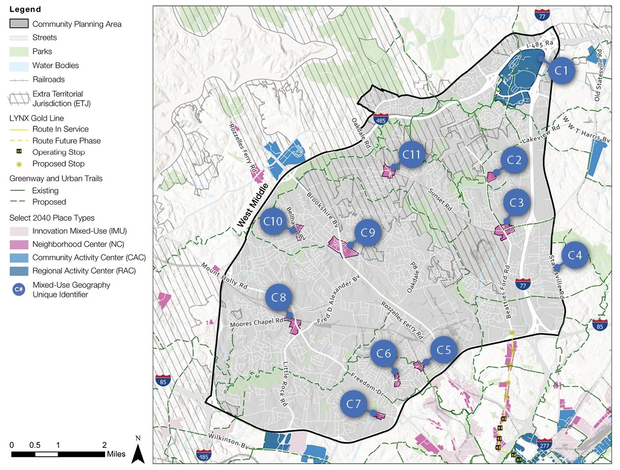 A map displaying a community planning area with marked locations identified by labels C1 to C11. The map includes features such as parks, trails, water bodies, and public transit routes, with a legend outlining different place types.