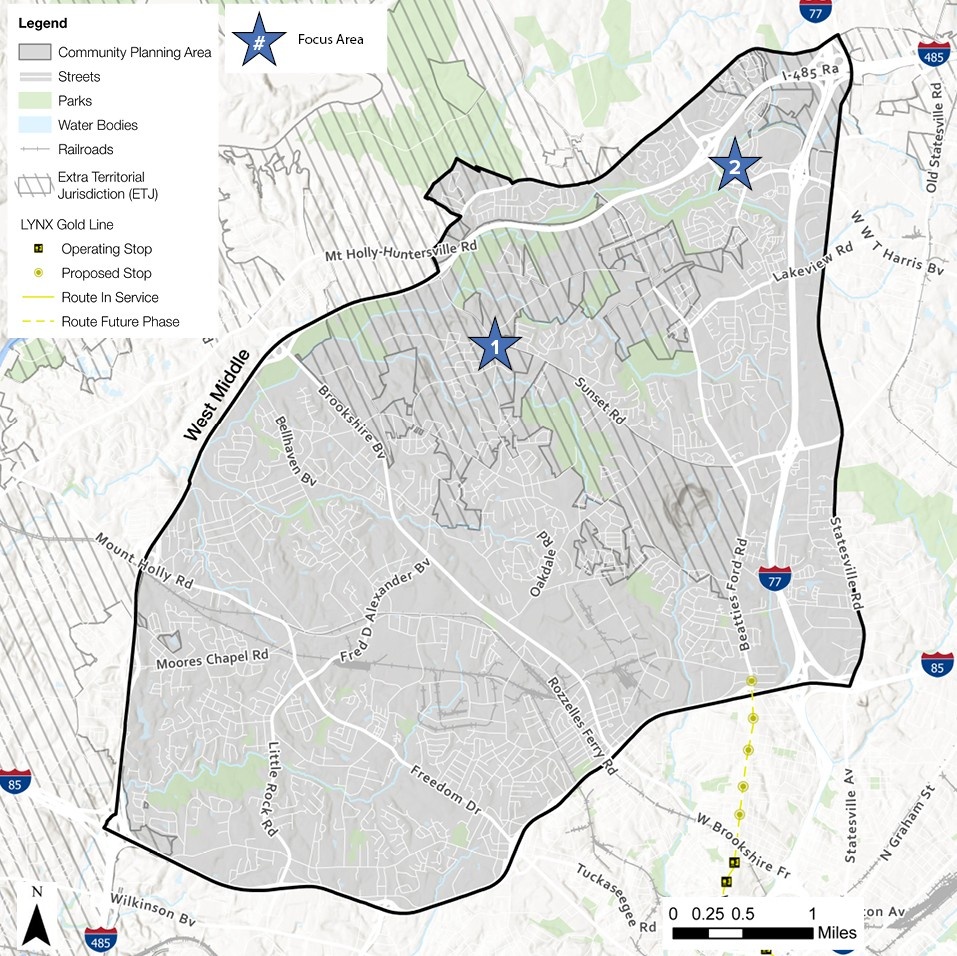 A map highlighting a community planning area with streets, parks, and water bodies. It shows LYNX Gold Line routes, proposed stops, and focus areas marked with blue stars. The map includes a scale indicating distances in miles.