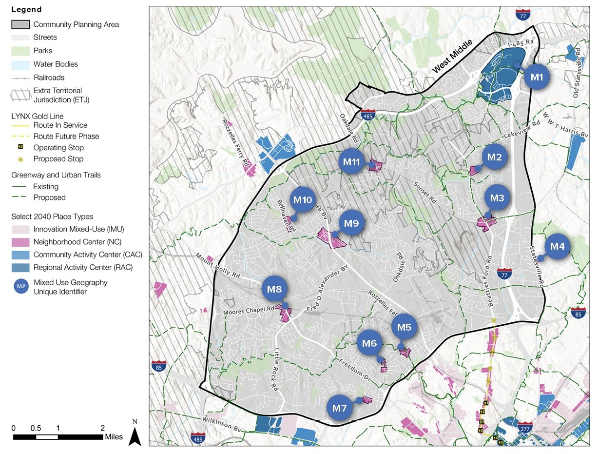 A map depicting a community planning area with marked locations (M1 to M10) for various place types including mixed-use areas, activity centers, and a transit route, along with parks, water bodies, and trails. A legend is included.