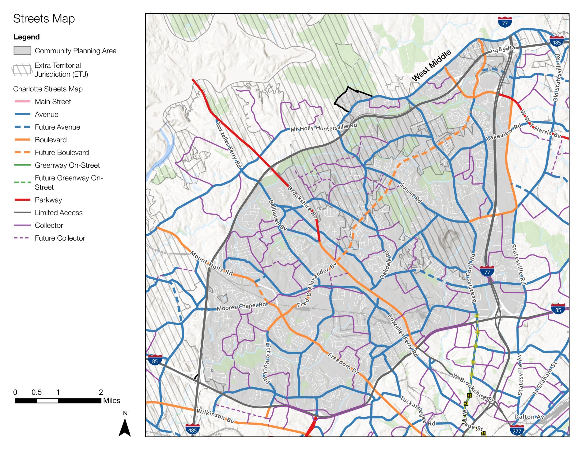 A streets map of Charlotte featuring various road types, including Main Street, Avenues, Boulevards, and Future routes. The map includes a legend and outlines community planning areas with directional markers.
