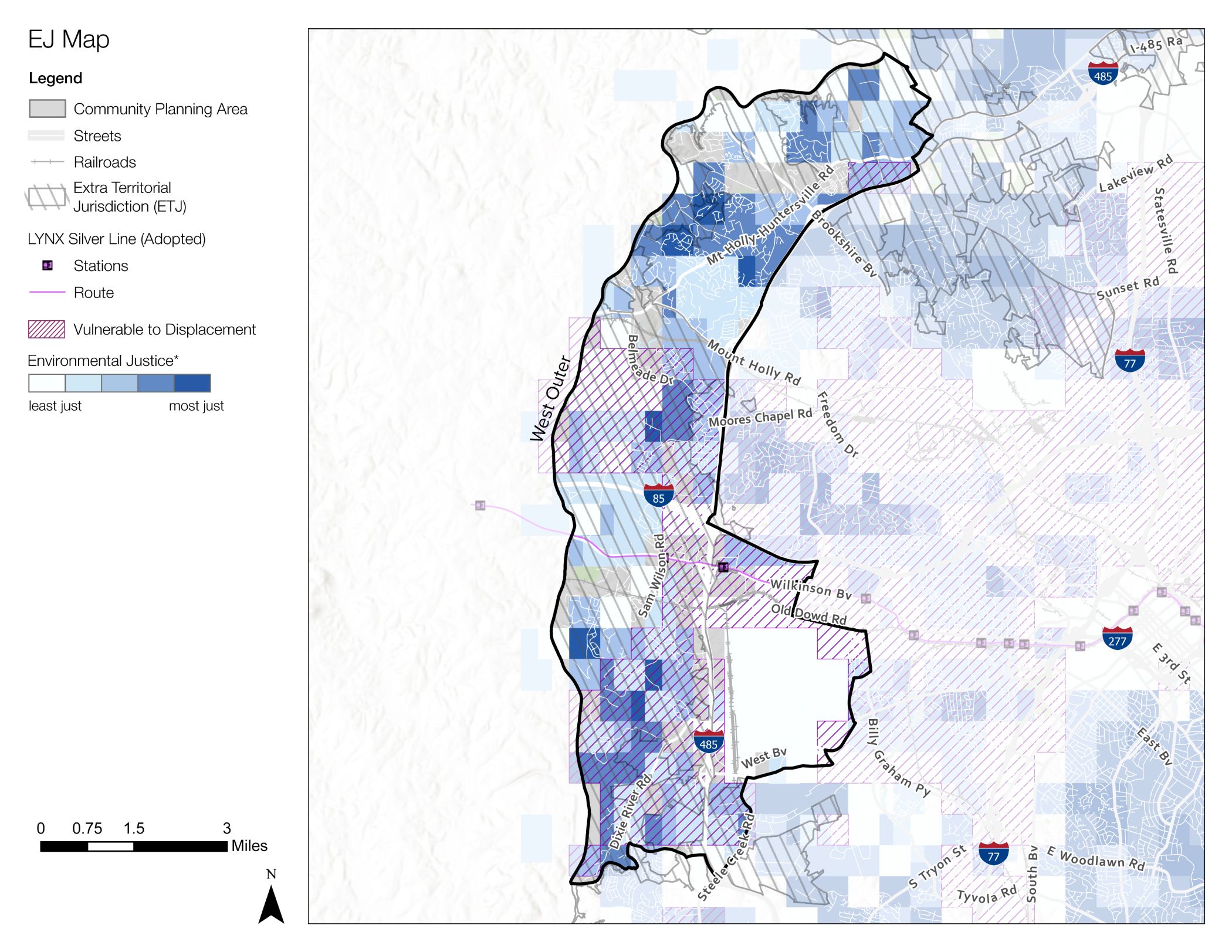 A map displaying environmental justice areas, community planning regions, and transportation lines. Shades of blue indicate areas vulnerable to displacement, with a legend on the left side detailing the map elements.