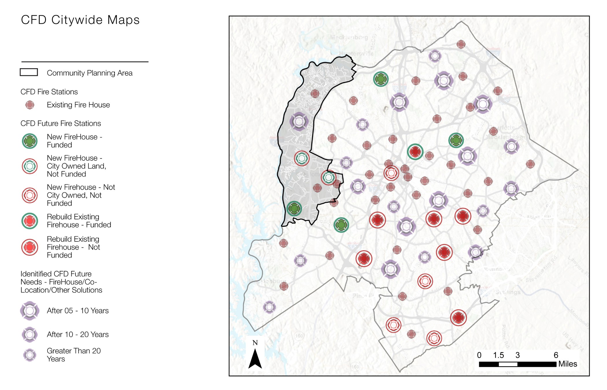 A city map showing community planning areas with markers indicating existing fire stations and potential future firehouse locations, color-coded by funding status and timelines for new constructions.