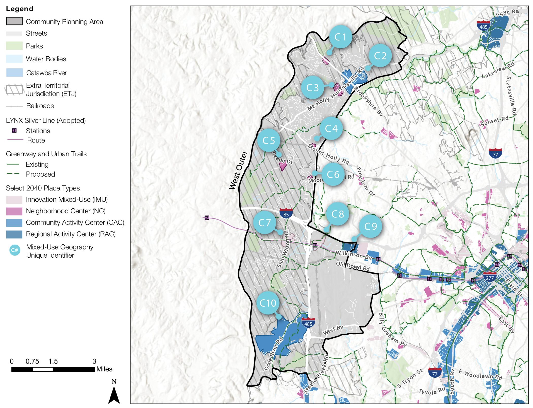 A map showing the community planning area with designated regions labeled C1 to C10. Features include parks, streets, water bodies, and proposed trails, outlined in different colors and shaded areas.