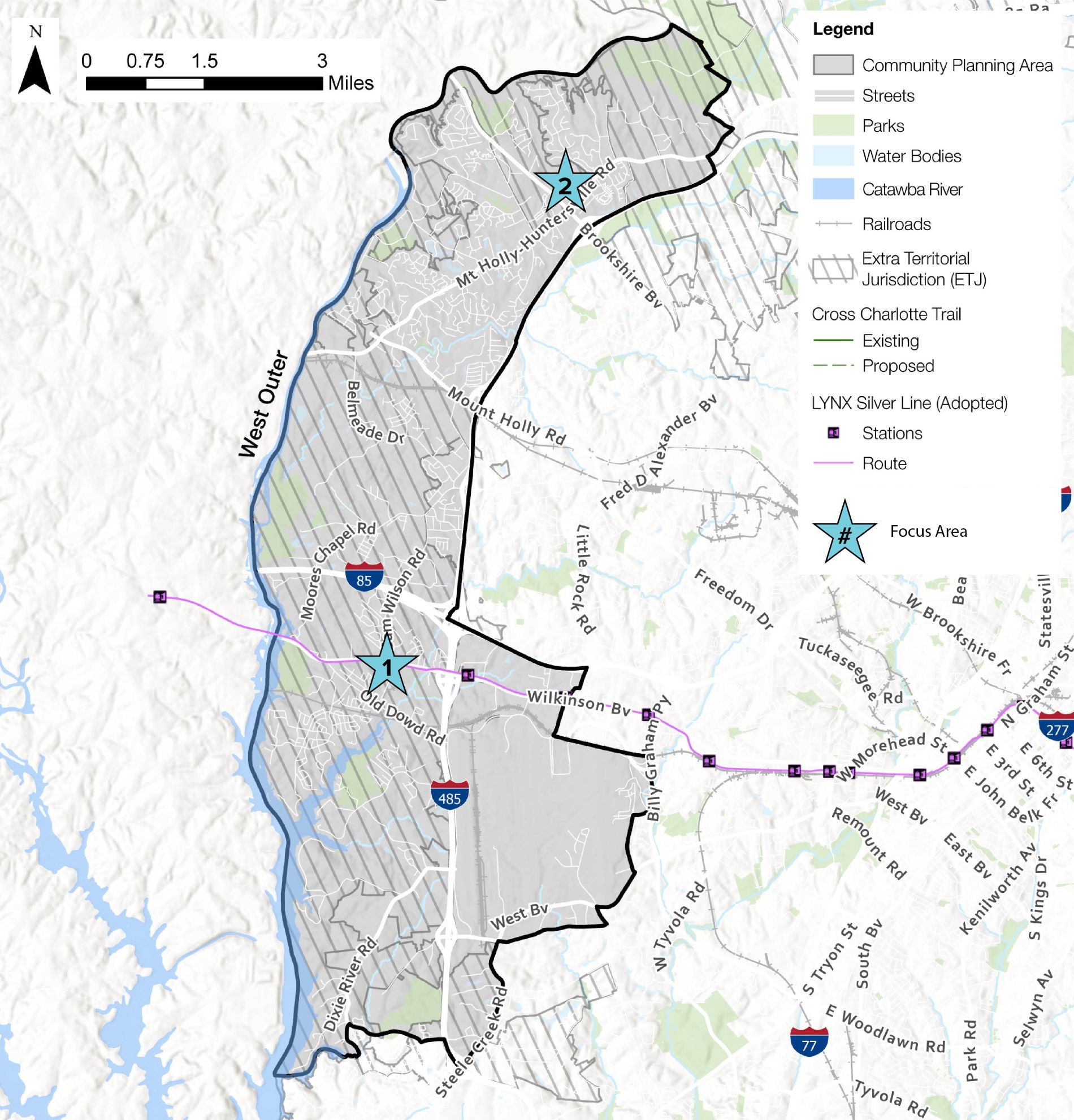 A detailed map of the West Outer area highlighting community planning zones, streets, parks, water bodies, and railroads. Key features include the LYNX Silver Line route, existing and proposed stations marked with blue stars.