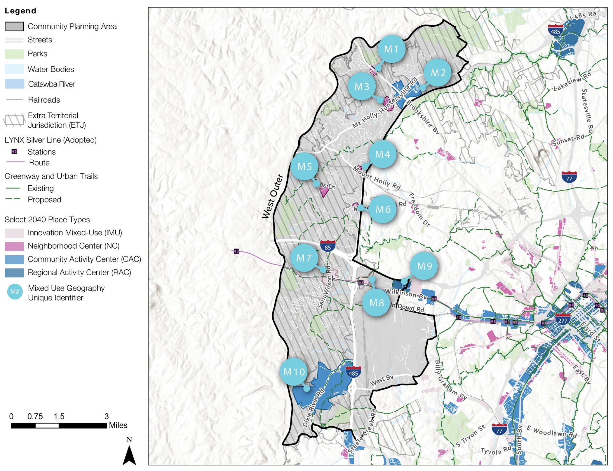A geographical map displaying community planning areas around a town. Markers labeled M1 to M9 indicate various locations. The map includes features like streets, parks, and water bodies, with a legend for reference.
