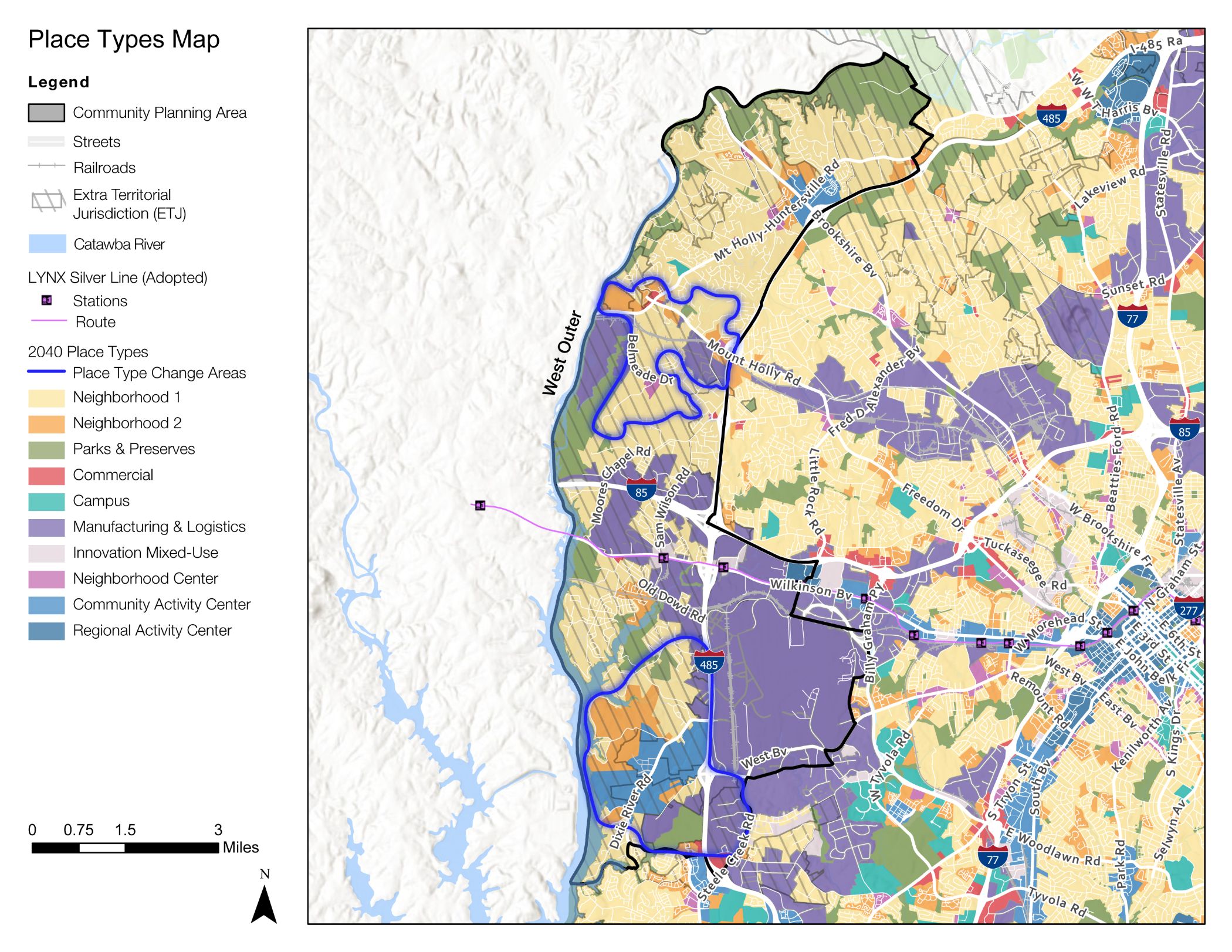 A detailed place types map showing various community planning areas, streets, railroads, and jurisdictions in a region. The map features color-coded areas representing different place types, including parks, neighborhoods, and commercial zones.