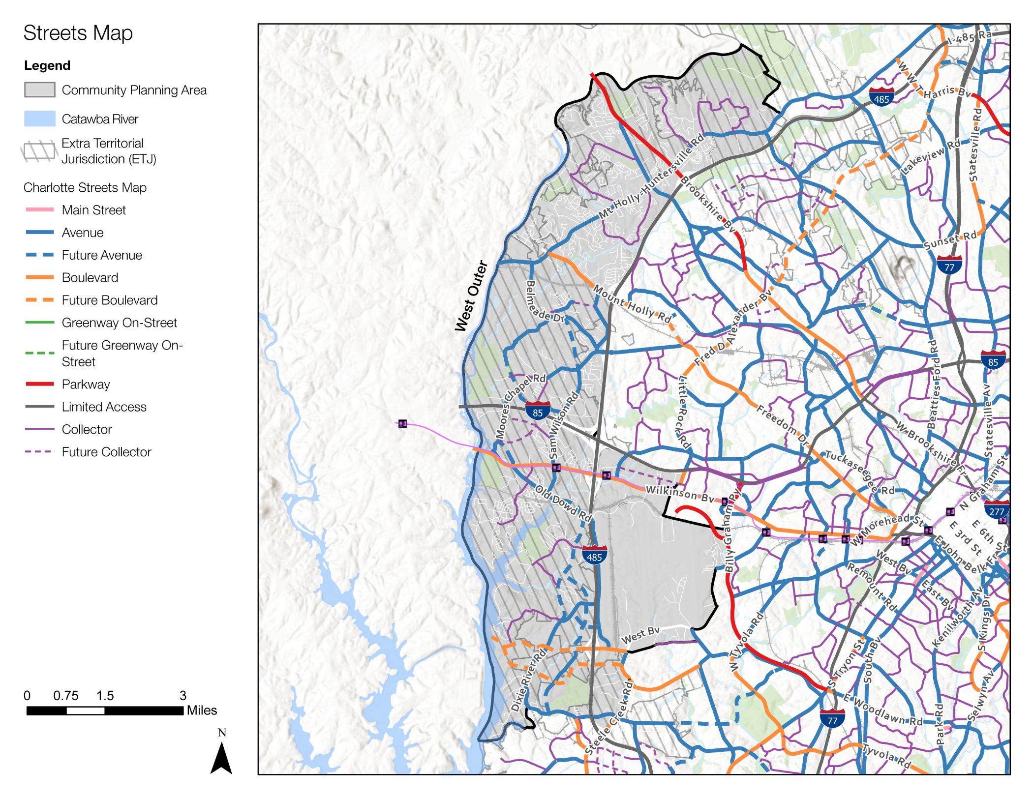 A streets map of Charlotte, showing various community planning areas, roads, and future developments. The map includes a legend indicating different types of streets and features such as parks and routes.