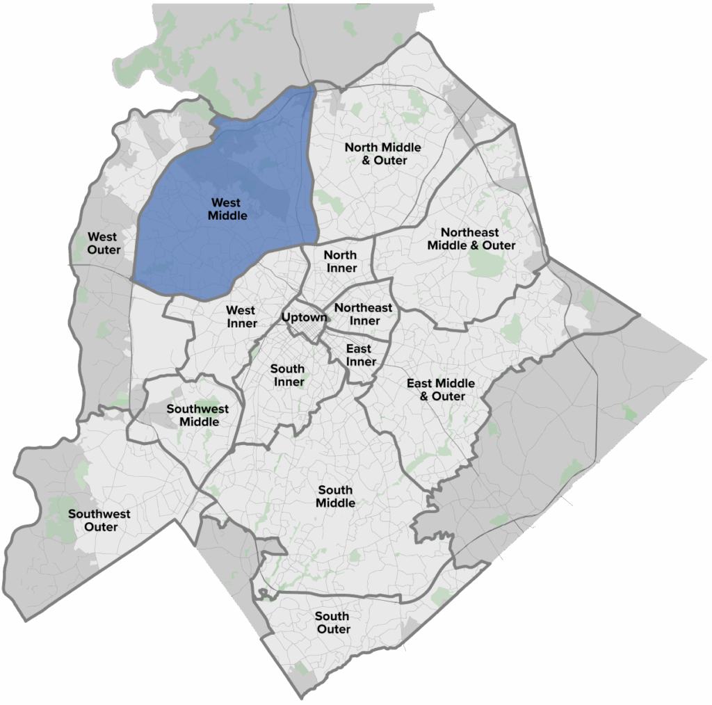 A map highlighting the West Middle region in blue within a larger area. The surrounding regions are labeled, showing various districts such as Uptown, South Inner, and East Inner, among others.