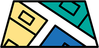 An abstract geometric design featuring three angular shapes in yellow, green, and blue, each with a square cut-out in the center, arranged to create an eye-catching composition.