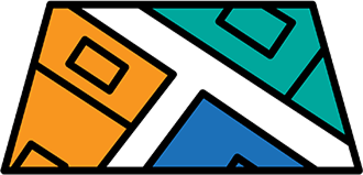An abstract logo composed of three geometric shapes: an orange right triangle with a square cutout, a teal right triangle with a square cutout, and a blue right triangle with a smaller square cutout, all arranged dynamically on a black background.