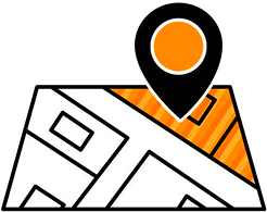 An abstract illustration of a map with geometric shapes and streets, featuring an orange location pin marked prominently on the map.