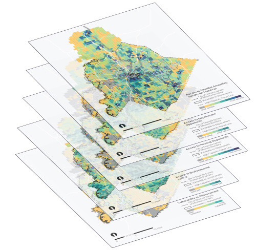 A series of four layered maps depicting geographic data, showing access to services such as development, improvement, innovation, and employment. Each map is color-coded, revealing varying levels of access across different regions.