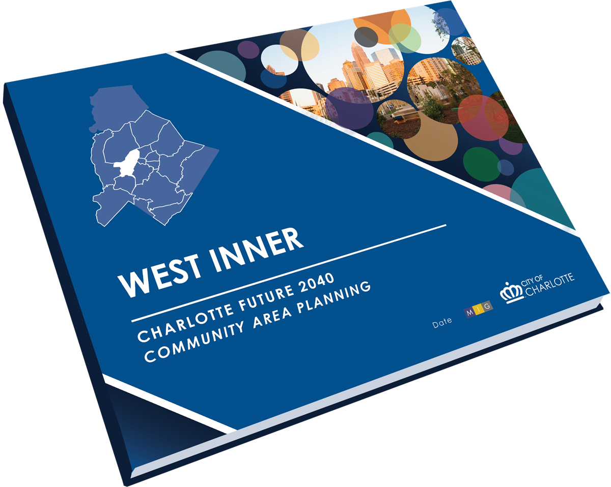 A blue folder titled "West Inner" with the subtitle "Charlotte Future 2040 Community Area Planning." It features a map outline of Charlotte and colorful circular graphics in the background, indicating a planning document.