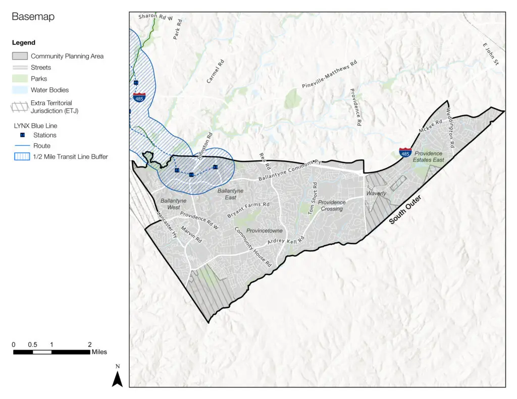 A transit planning map shows a highlighted community planning area with streets, parks, water bodies, and Lynx Blue Line stations, plus a mile scale and north arrow.