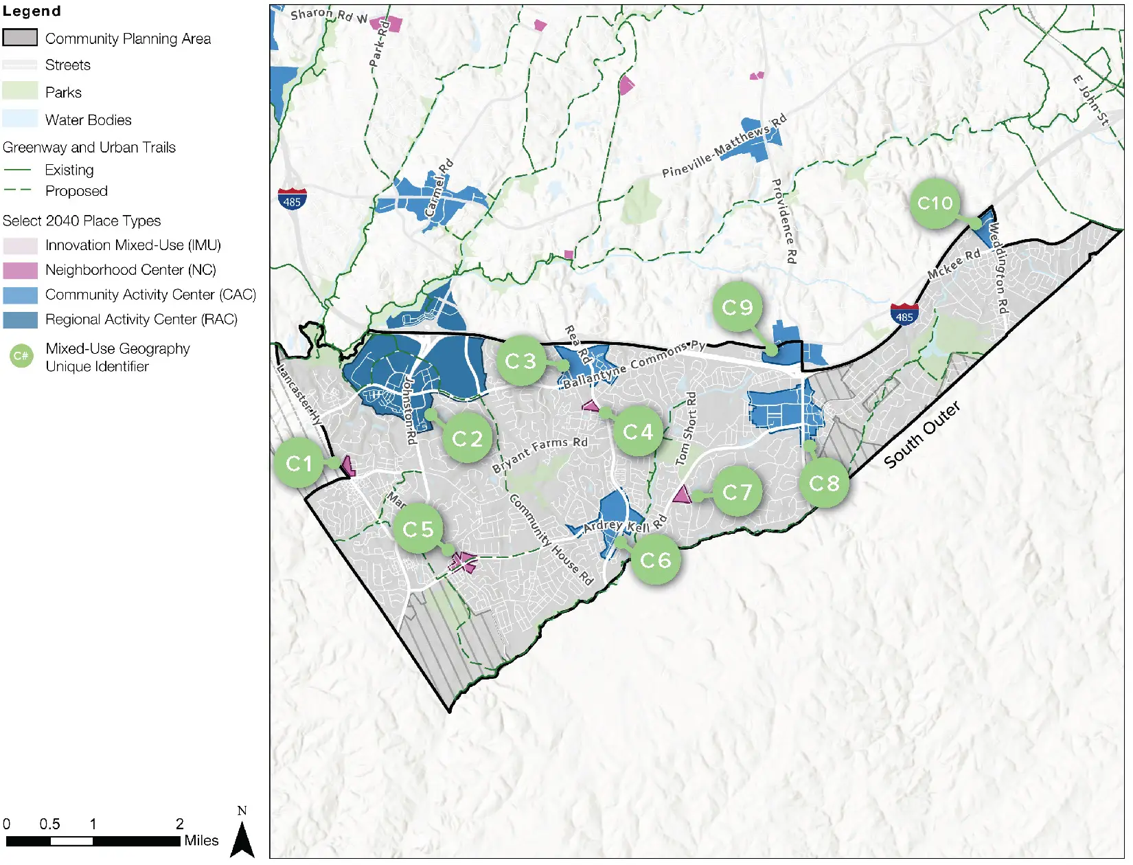 A regional land use map with colored zones, road lines, and green labels C1 through C10, shown inside a black outlined boundary with a legend on the left.