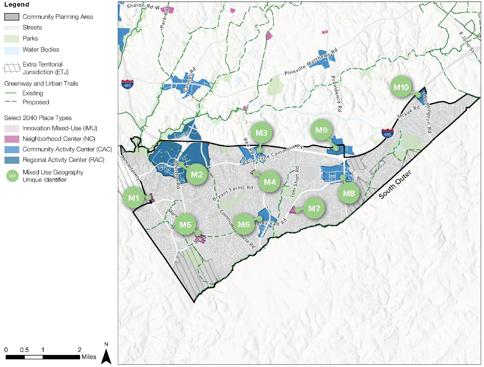 A planning map of a county area with numbered green markers M1 through M10, shaded zones, roads, parks, and water bodies, with a legend on the left and a mile scale at the bottom.