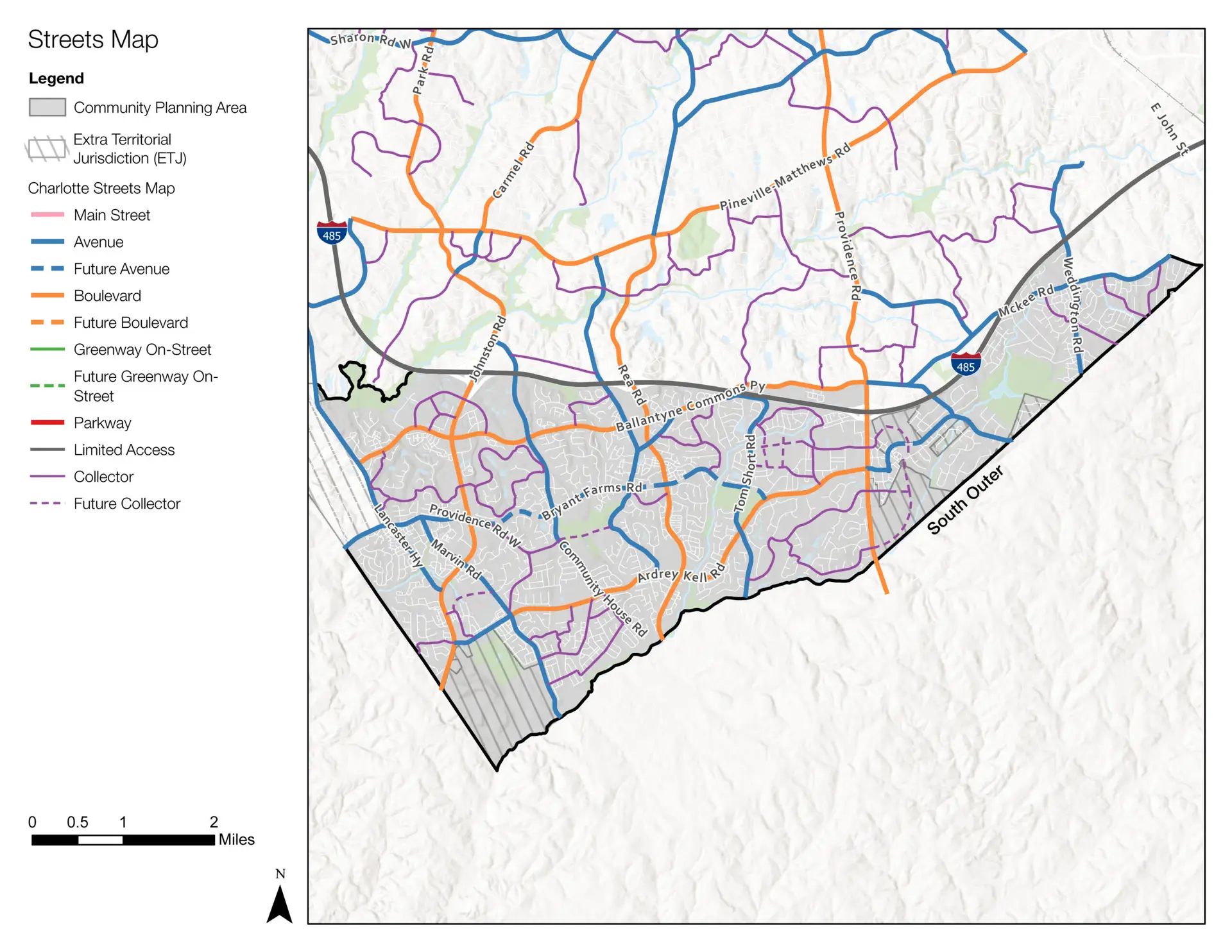 A Charlotte streets map shows colored road lines, boundary outlines, and a scale bar on a white background, with labels and a north arrow on the left.